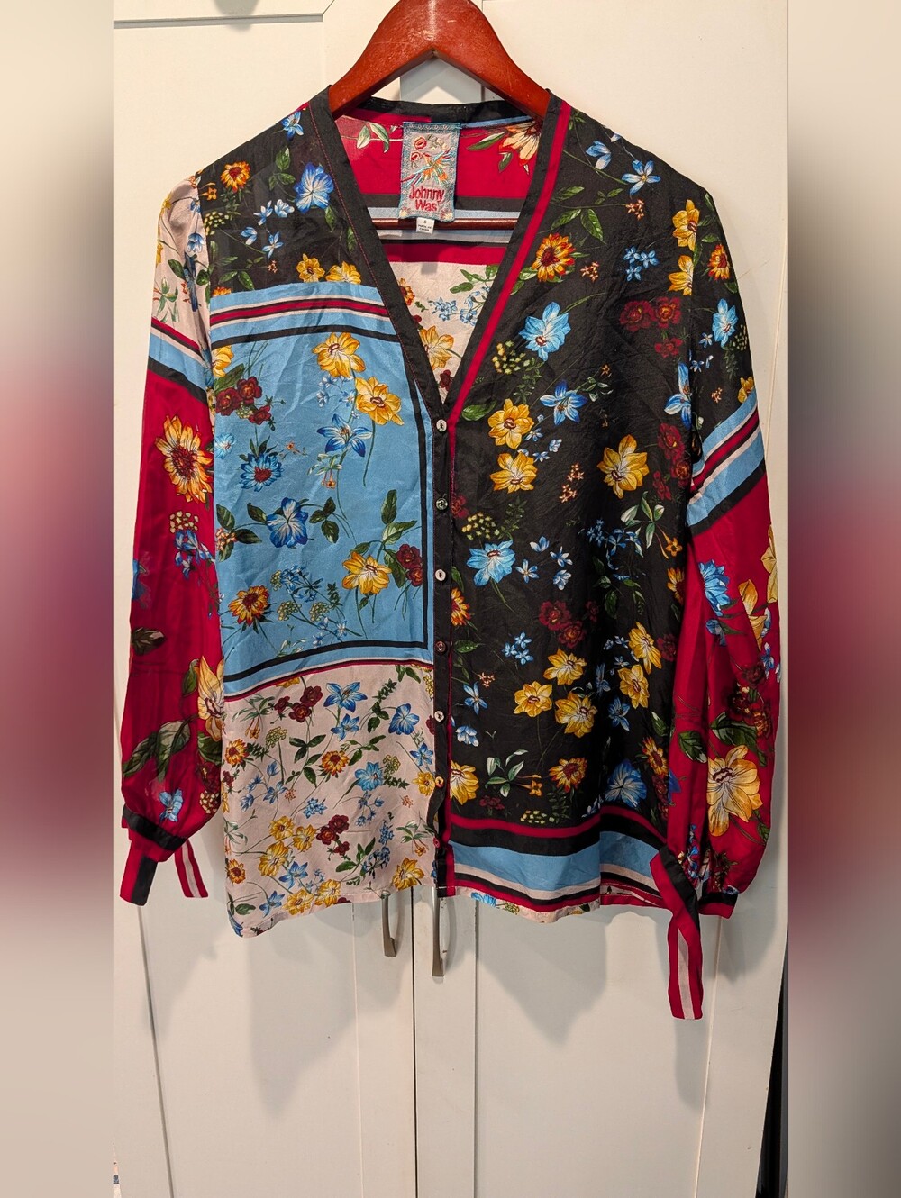 Johnny Was Silk Floral Patchwork Design Button Up Blouse